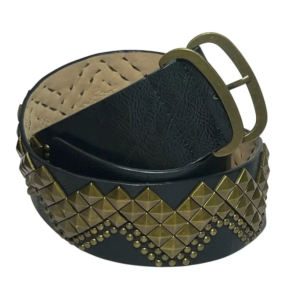 Vintage Y2K Size Medium Black Brass Rivets Wide Faux Leather Belt Punk Rocker